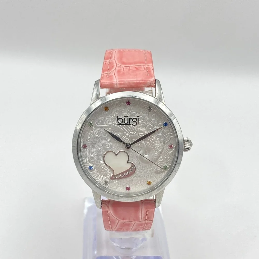 Burgi Women's Watch 36mm Silver Tone MOP Peacock Rainbow Crystals New Battery